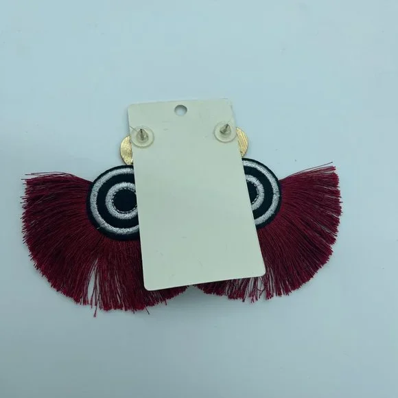 Tassel Earrings Red Black Embroidered Circles - Picture 4 of 6
